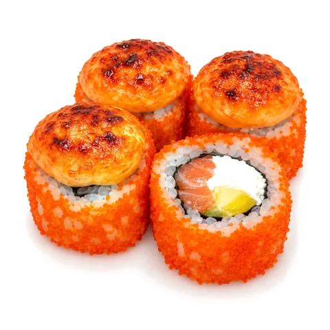 Калифорния оранж — Рис, нори, лосось, сливочный сыр, огурец, икра масаго