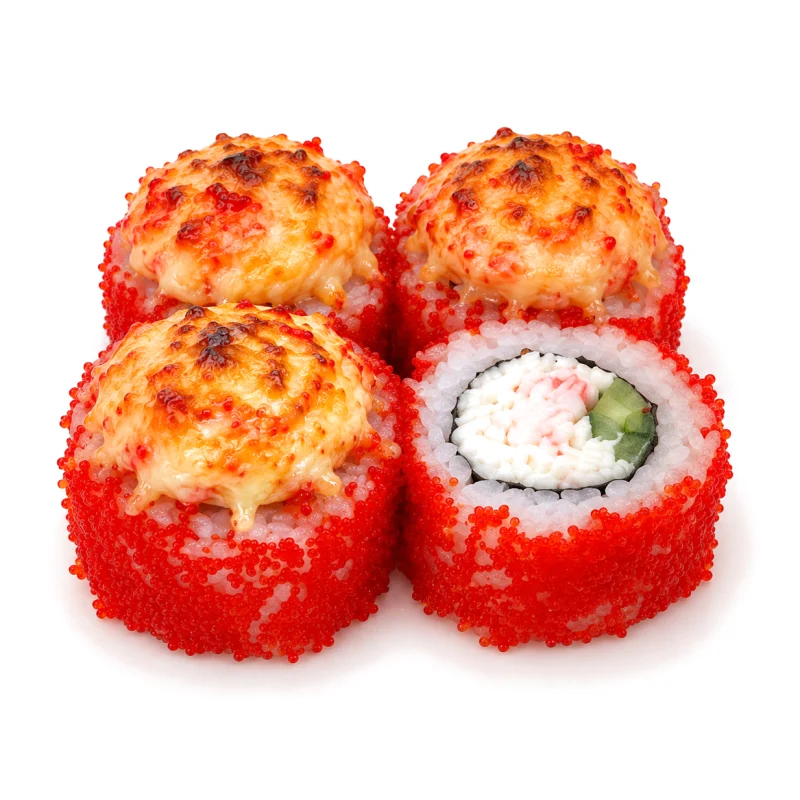 Кани яки — Рис, нори, красная икра масаго, краб, огурец, авокадо, яки соус