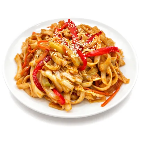 Вок с овощами — Лапша пшеничная, морковь, лук, перец сладкий, кабачок, пекинская капуста, кимчи соус, соевый соус, кунжут