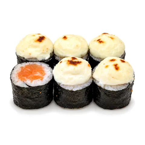 Хосо маки сочный лосось — Рис, нори, лосось, сливочная шапка